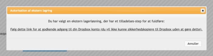 Godkend Dropbox i UpdraftPlus