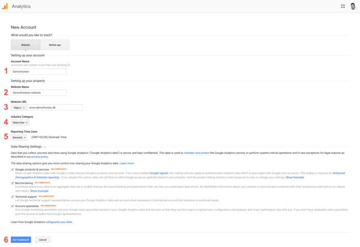 Google Analytics indstillinger for ny konto