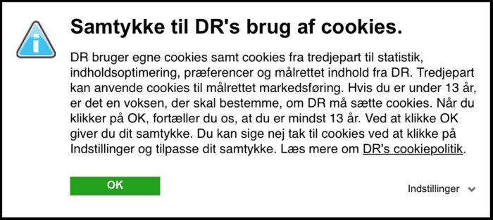 DRs cookiebanner har kun én knap