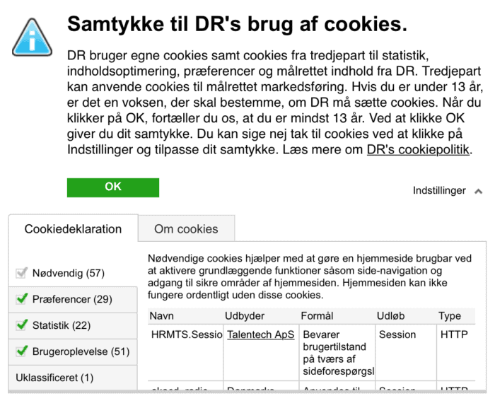 DRs cookiebanner benytter forudafkrydsede felter