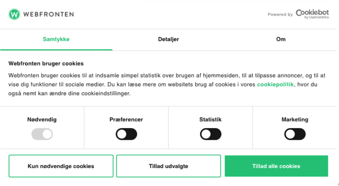 Webfrontens cookiebanner