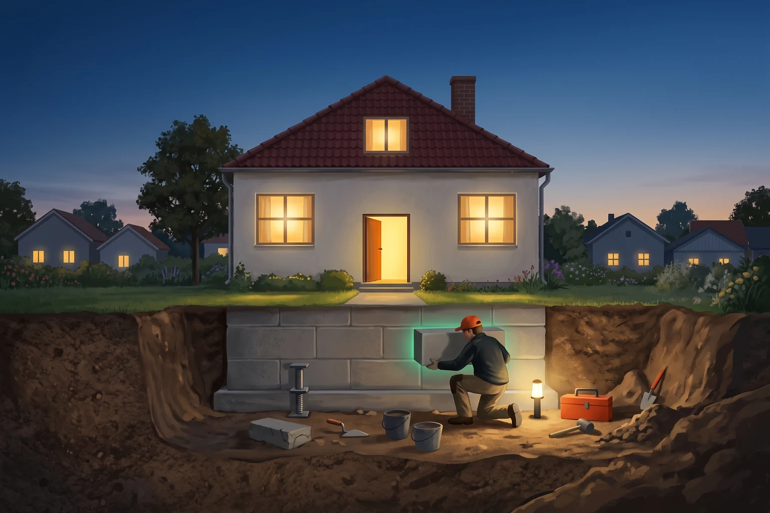 Illustration af et hus med tændte vinduer og åben dør, hvor en håndværker sætter en ny blok i fundamentet, mens huset er i brug.