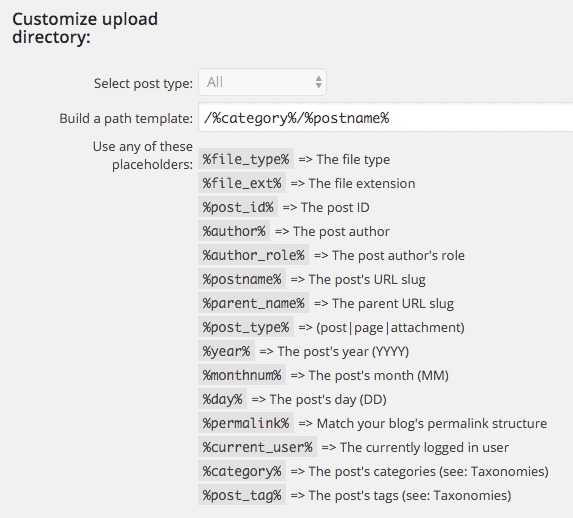 Indstillinger for pluginnet "Custom upload dir"